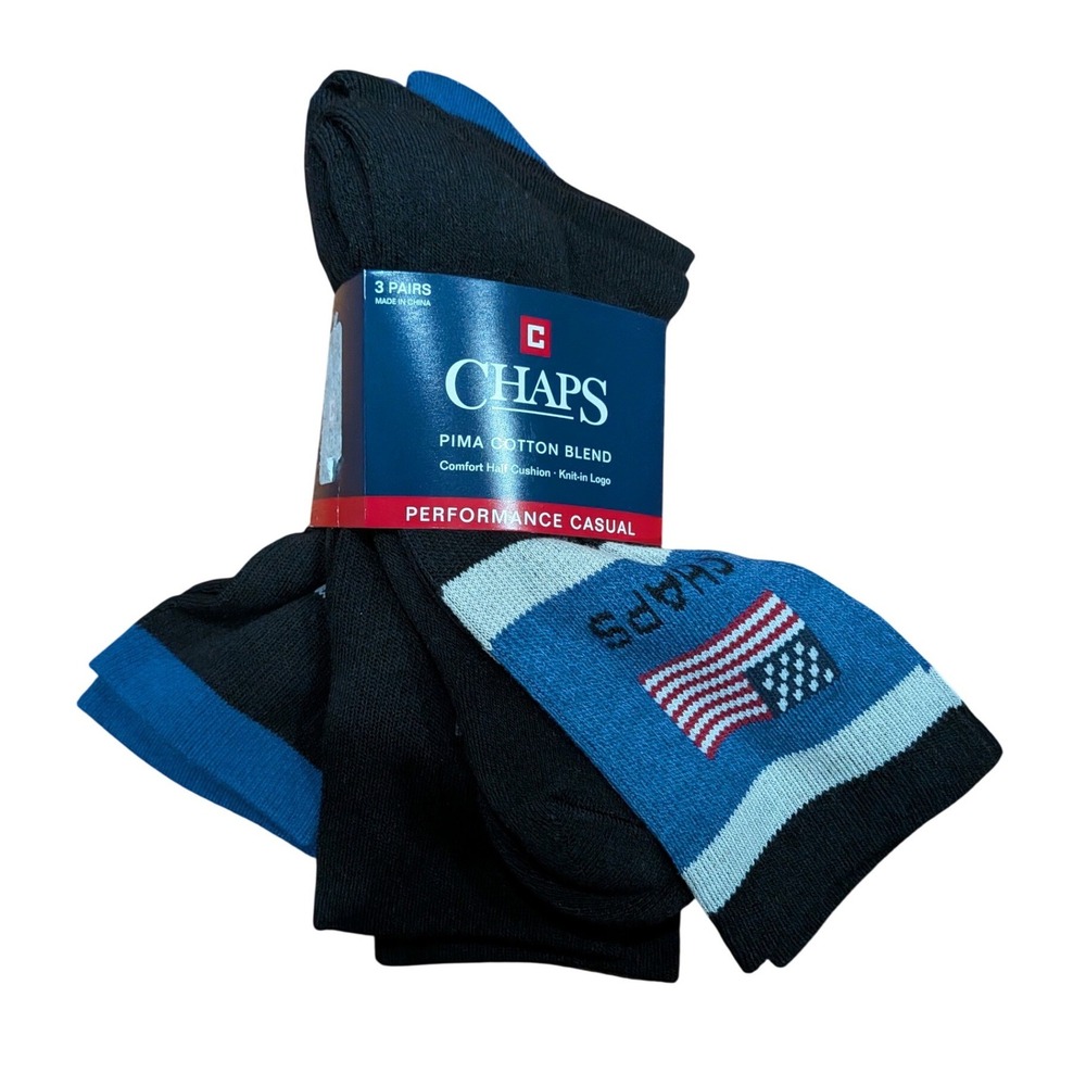 Chaps Mens Pima Cotton Blend Performance Crew Socks 3 Pairs Black Blue NEW